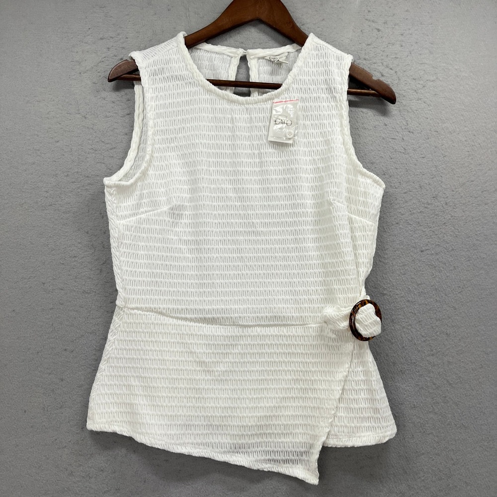 Cato Sleeveless Top Womens Medium White Smocked Peplum Asymmetric Buckle NEW